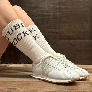 SKECHERS Vintage Y2K 2000s White Leather Rhinestone Stripe Casual Track Sneakers